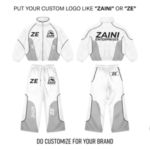 ZAINI – Ensemble coupe-vent à capuche pour homme, hiver, 120 GSM, polyester léger, blanc et gris, empiècements contrastants, transfert thermique personnalisé - Product Image 1