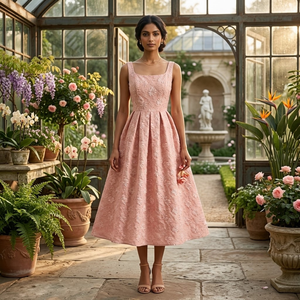 Elegante Vestido Midi Rosa con Estampado Floral Jacquard, Cuello Cuadrado, Sin Mangas, Corte en A, Vestido de Fiesta Vintage, Largo Té, Ropa de Moda para Mujer - Product Image 2