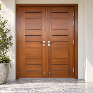 Puerta de Entrada de Madera Sólida GA-46L en Nogal, Caoba y Palo de Rosa con Diseño Moderno de Doble Ranura para Exterior de Apartamento - Product Image 1