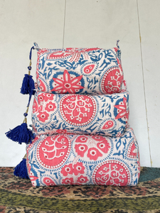 Block Printed Toiletry Bag, Cotton Quilted Bag, Toiletry Bag, Elegant Quilted Floral Cosmetic Travel <b>Cases</b>, Toiletry Bags - Product Image 1