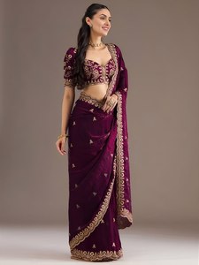 Purple Embroidered <b>Tissue</b> Saree for Women Traditional Long Dress Wrinkle Free Moisture Wicking Party <b>Wedding</b> Wear - Product Image 3