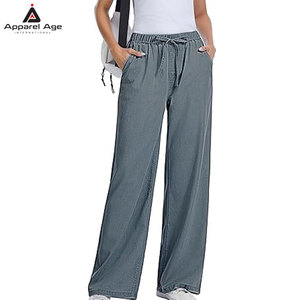 Wide Leg <b>Jeans</b> Woman Mid Waisted Trendy <b>Pull</b> <b>On</b> Drawstring Stretchy <b>Jeans</b> Pants With Pockets For <b>Women</b> - Product Image 1