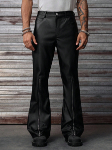 Pantalones de cuero negros acampanados para hombre con cremallera en el bajo, estilo motero, a la moda, para streetwear - Product Image 4