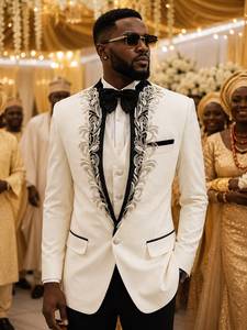Luxury Men's White Embroidered Wedding Tuxedo Blazer – Custom Slim Fit Groom Suit <b>Jacket</b> with Black Lapel & Bow Tie - Product Image 1
