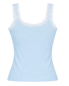 Camisola de Algodón Personalizada para Mujer, Color Azul Cielo, con Ribete de Encaje, Corte Ajustado, Sin Mangas, Estilo Casual de Verano, Suave y Transpirable - Product Image 6