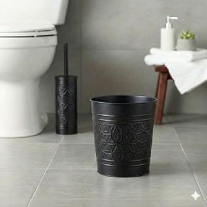 Modern Black Embossed Metal Wastebasket Decorative Iron Trash Can for Bathroom Bedroom Office & Home Decor - Product Image 2