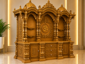 Royal Triple Shikhara Teak Wood Hindu Home Temple Grand Traditional Indian Wooden <b>Pooja</b> <b>Mandir</b> with Intricate Carvings For USA - Product Image 2