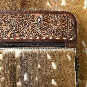 Real Fur <b>Soft</b> Shell Suitcase With Tooled Leather Floral Design 360 Degree Spinner <b>Wheels</b> Unisex Travel <b>Luggage</b> - Product Image 4