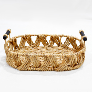 Panier de service rectangulaire en jacinthe d'eau naturelle tressée avec poignées en bois noir - Product Image 6