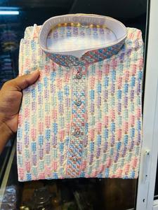 Pyjama Kurta traditionnel en coton pour homme avec broderie multicolore pour Diwali et les occasions de mariage - Product Image 4