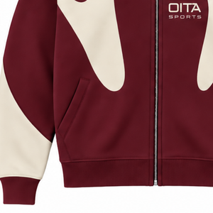 Burgundy Contrast Panel <b>Zip</b> Up <b>Hoodie</b> Men Streetwear Full Zipper Long Sleeve Casual Fleece Hooded Jacket With <b>Pockets</b> - Product Image 6