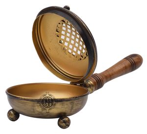 Quemador de incienso antiguo de metal con mango de madera, soporte redondo para incienso de aromaterapia para decoración del hogar, meditación, yoga y spa. - Product Image 3