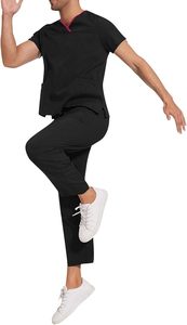 Men Scrubs Set, Stretch V-Neck Scrub <b>Top</b> & Straight Leg Pants, Short Sleeve Nurse Medical Uniform Workwear - Product Image 4