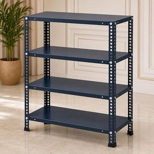 Étagère de rangement métallique à quatre niveaux, style industriel, réglable en hauteur, bleue, sur pied, pour l'organisation des articles divers dans le salon - Product Image 1