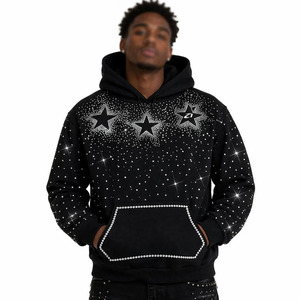Rhinestone <b>Star</b> Cropped Hoodies Cotton Fleece Streetwear Pullover Heavy Embellished <b>Design</b> Unisex Fashion OEM Service - Product Image 2