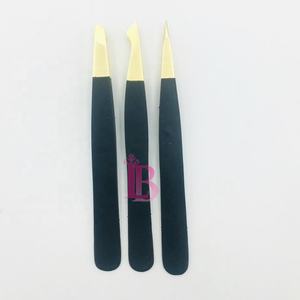 Pinzas Profesionales para Cejas, Pinzas para Cejas de Visón Negro, Juego de Pinzas Rectas y Oblicuas de Acero Inoxidable con Punta Dorada y Logotipo - Product Image 1