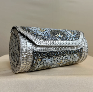 <b>Silver</b> Tone White <b>Clutch</b> <b>Bag</b> Firoza Bead Studded Handmade Metal Sling <b>Bags</b> Mother Pearl Inlay Indian Mosaic Zipper Embroidery - Product Image 4