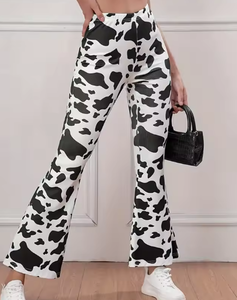 Hardhoodi Interination Women High Waist <b>Cow</b> <b>Print</b> <b>Flare</b> Pants Elastic Waist Full Length Sporty Trousers with Pockets All Seasons - Product Image 6