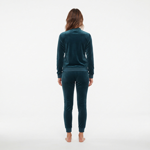 Ensemble de survêtement en velours pour femme, couleur turquoise, 2 pièces, veste zippée et pantalon de jogging, coupe slim, style décontracté - Product Image 2