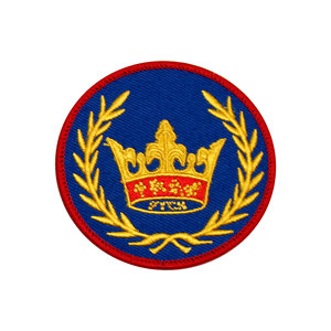 Wreathed Embroidered Iron-On Patch Gold Crown on Blue Background 3'' Diameter for Hat & Apparel - Product Image 1
