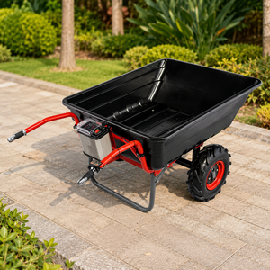 Brouette manuelle à deux roues Tayo UT300, plateau métallique robuste, cadre rouge, pneus noirs, remorque portable pour le jardinage et l'aménagement paysager - Product Image 1