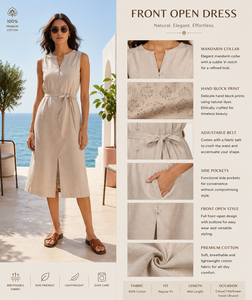 Robe midi sans manches en coton beige |   Robes d'été à boutons devant, coupe trapèze, avec ceinture |   Robe à col en V mandarin avec poches - Product Image 2