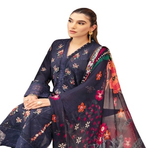 Costumes Kurti Salwar 3 pièces décontractés quotidiens pour la pelouse brodée des designers pakistanais Shalwar Kameez pour femmes et filles - Product Image 1
