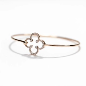 Fine 10K 14K 18K Solid Gold Round Lab Grown Diamond <b>Clover</b> Bangle Thin Floral Charm Dainty Stacking Quatrefoil Adjustable Bangle - Product Image 2