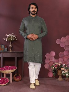 Exclusive Smart Silk Kurta <b>Pyjama</b> Set With Embroidery Mirror Work Party Wear Festival Wedding <b>Mens</b> Ethnic Wear Style - Product Image 5