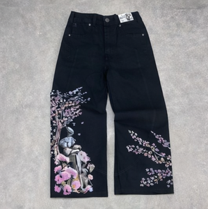 Jeans Blossom Denim con Bordado de Caballero, Pantalones Anchos de Cintura Alta para Mujer, Diseño Artístico Y2K, Jeans de Moda de Cintura Alta para Mujer - Product Image 1