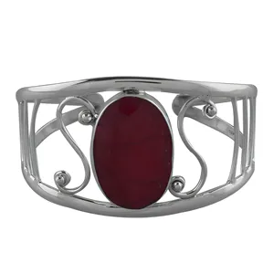 Bracelet manchette en argent sterling 925 avec quartz rubis, pierre précieuse rouge naturelle, jonc ouvert fait main, bijou statement pour femme, usage quotidien - Product Image 6