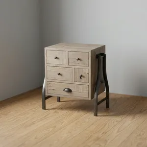 Industrial Modern Wooden Storage <b>Cabinet</b> 5 Drawers <b>Metal</b> Legs Side Table for Living Room - Product Image 2