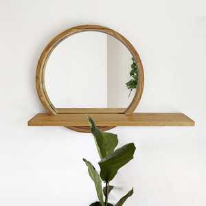 Modern Round Solid Wood Wall Mirror Integrated Storage Ledge Shelf Natural <b>Oak</b> Timber <b>Frame</b> Bathroom Vanity Decor Artwork Object - Product Image 5