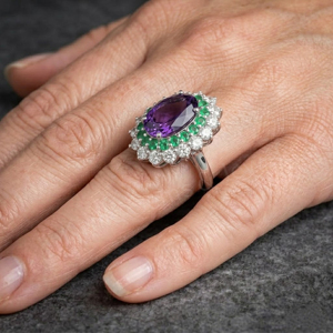 Luxury 925 Sterling Silver <b>Cocktail</b> <b>Ring</b> With Oval Amethyst Center Green Pave Diamond Halo Prong Setting Women's Party Jewelry - Product Image 4