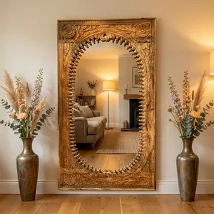 Grande décoration murale suspendue en bois massif, design turc/islamique, sculptée à la main, cadre de miroir Jharokha pour salon, hôtel, entrée. - Product Image 2