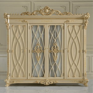 Elegante Armario Europeo Ecológico y Duradero de Madera de Caoba con Acabado Crema, Panel de Vidrio y Detalles en Dorado, Muebles de Dormitorio de Lujo para Villa - Product Image 1