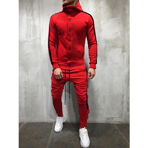 Conjunto Deportivo Rojo para Hombre, Manga Larga, con Capucha, Cierre de Botones, Bolsillos Laterales, Ropa Deportiva Informal, Transpirable, para Invierno, 100% Algodón, 2 en 1 - Product Image 2