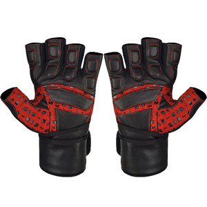 Half <b>Finger</b> Leather Fitness Gloves Black Red Adjustable Wrist <b>Strap</b> Gym Weight Lifting Workout Hand Wear - Product Image 3