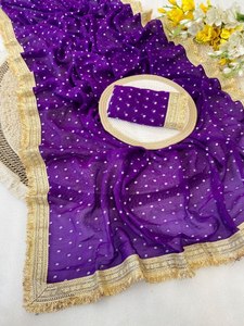 <b>Purple</b> Polka Dot Silk Dupatta With Gold Border Traditional Indian Wear For Women Wedding Occasion All Seasons - Product Image 1