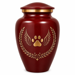 Beautiful Maroon Gold Paw Wings with Lace Engraved Memorial Cremation Urn for <b>Pets</b> Funeral <b>Ashes</b> - Product Image 1