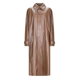 Abrigo Largo de Cuero Sintético PU Negro para Mujer, con Cinturón, Cuello Redondo, Sólido, Transpirable, Estilo Casual de Invierno - Product Image 1