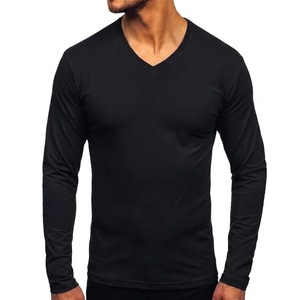 T-shirt pour homme en coton peigné, manches longues, col en V, pour l'été, vêtements de plein air, t-shirts de sport légers, noir - Product Image 1