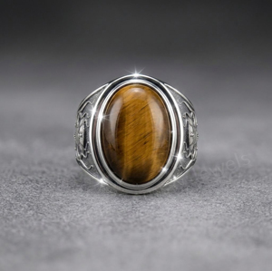 Men's 925 Sterling <b>Silver</b> Tiger Eye Gemstone 12x16mm Oval Shape Bezel Setting Skull Engraved Signet Ring Everyday Wear For Boys - Product Image 1