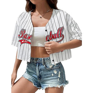 T-shirt court à manches courtes imprimé graphique pour femme, col en V, épaules tombantes, style décontracté, pour l'été, type maillot de baseball ou softball, avec boutons sur le devant - Product Image 1