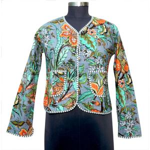 High Quality Breathable Eco-Friendly Knitted Floral Block Printed Cotton <b>Quilted</b> Autumn Winter Women's Short <b>Jacket</b> Button Front - Product Image 1