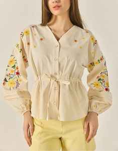 Blusa Vintage para Mujer, Sin Tejido, Bordada con Flores, Manga Larga, Botones al Frente, Cintura con Cordón Ajustable, Top ODM - Product Image 2