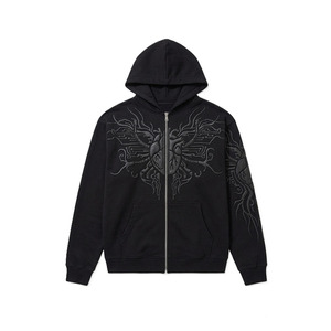 Sudaderas con capucha negras de cremallera completa, de algodón grueso y forro polar, con gráfico gótico en relieve, estilo urbano, logotipo personalizado, talla grande, al por mayor para hombre - Product Image 4