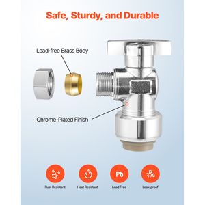 Confezione da 10 valvole di intercettazione angolare a compressione da 1/2 pollice PTC x 3/8 pollici OD, a 1/4 di giro, in ottone cromato, con attacco a pressione per acqua, OEM PTFE - Product Image 2