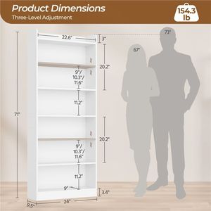 <b>Solid</b> <b>Wood</b> 7-Tier Open <b>Bookcase</b> with Compartment White Modern Bookshelf - Product Image 5