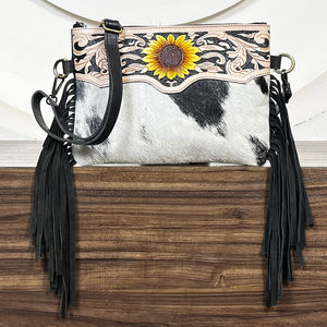 Hot Selling Premium Brown Tooled Leather Crossbody Fringe Bags New Hair on Fur Leather Sunflower Pattern Ladies Shoulder Bags - Product Image 4